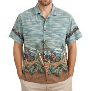 Vintage 90s Men's Large Hawaiian Shirt Surfboard Motorcycle Made in USA